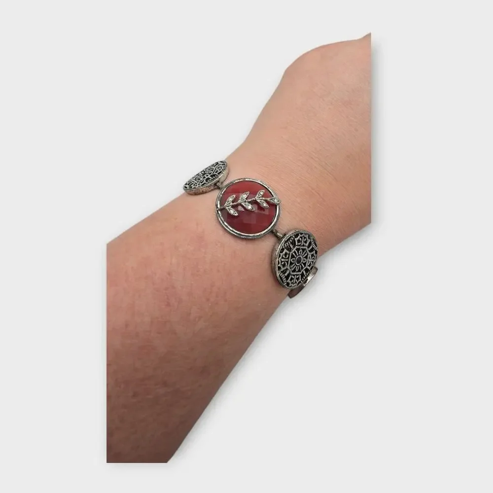Lucky Brand Red Stone Medallion Bracelet – Rustic Boho Silver Tone
